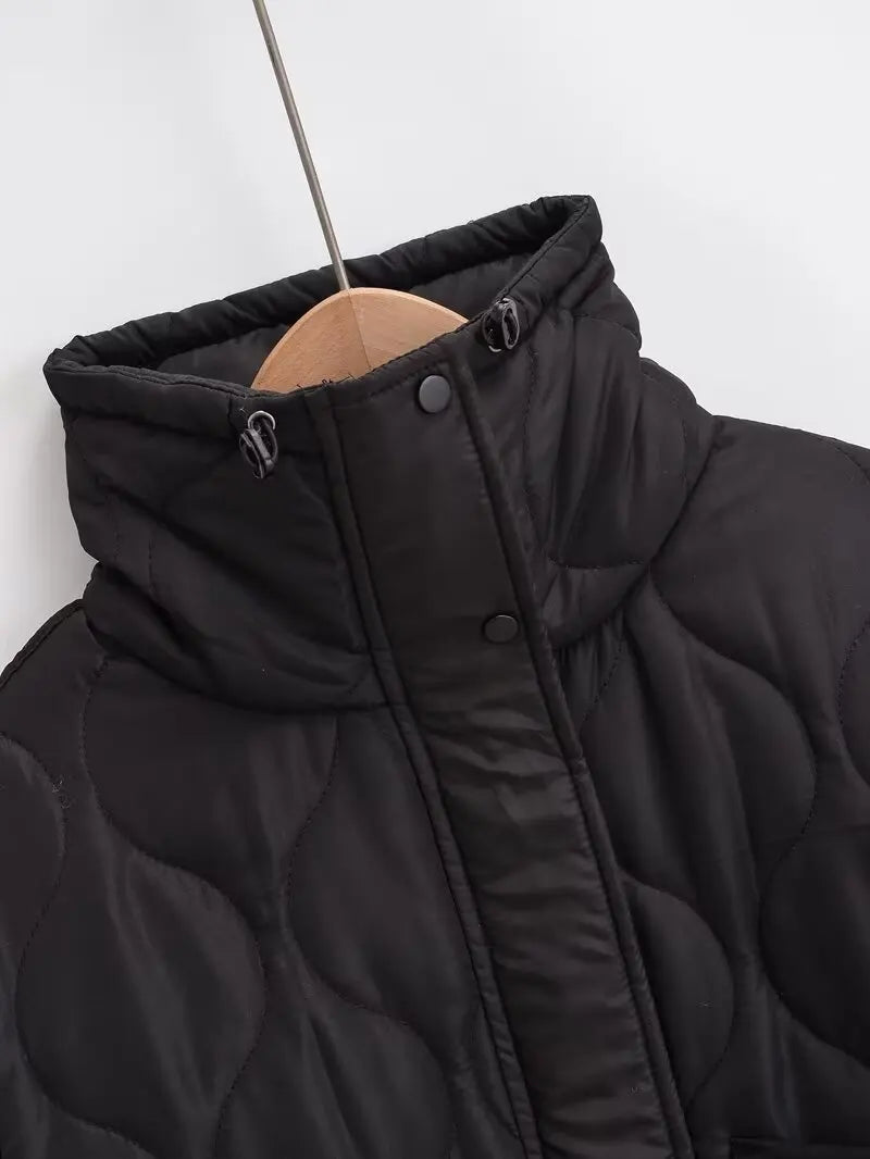 Quilted coat for women ETJ 2024traf QUILTED JACKET WITH TIES new beige drawstring high neck pocket clip cotton jacket for women