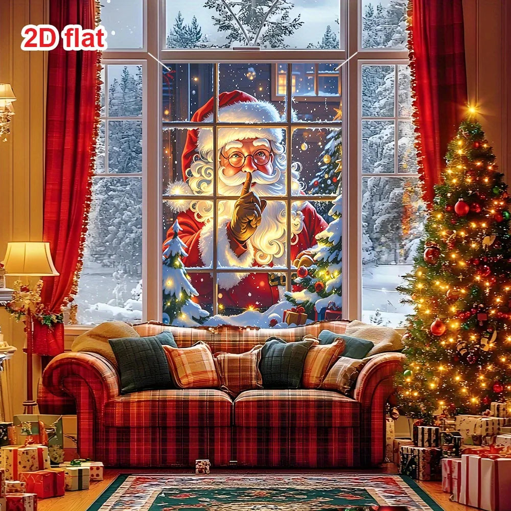 Christmas themed decoration flag, classic Santa Claus in red suit, snow windows, Christmas tree, gifts, and colorful lights