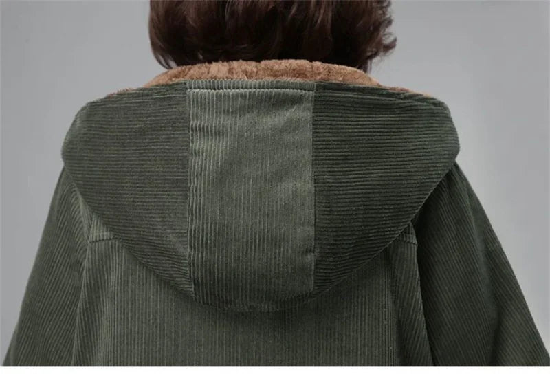 Women Corduroy Jackets 2025 New Autumn Winter Solid Loose Coat Female Casual Middle-Aged Plus Velvet Warm Hooded Ladies Overcoat