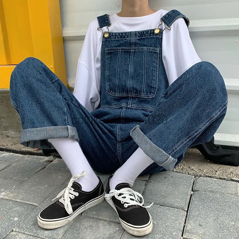 New Men's Denim Overalls Casual Multiple Pockets Loose Splice Straight Rompers Fashion Adjustable Suspenders Jeans For Male