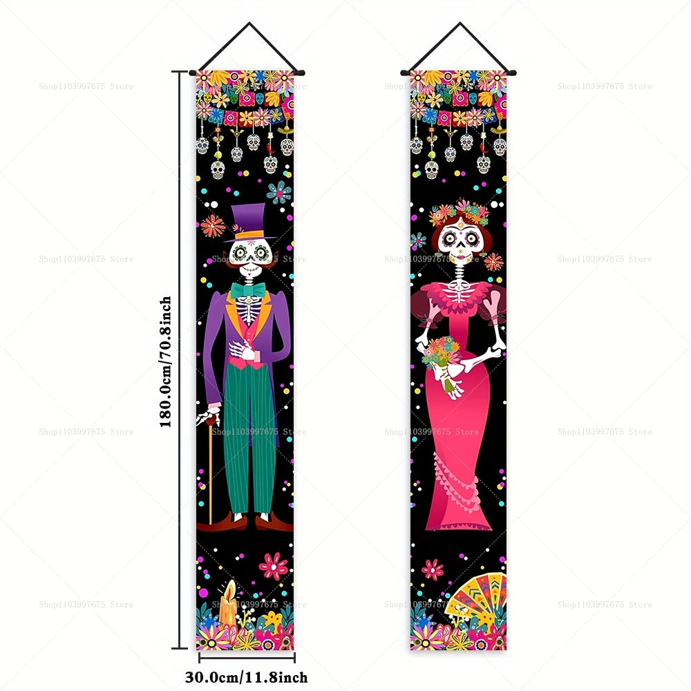 Halloween Decorations Dia De Los Muertos Porch Sign Banners Mexico Day of The Dead Hanging Banner for Indoor Outdoor Wall Decor