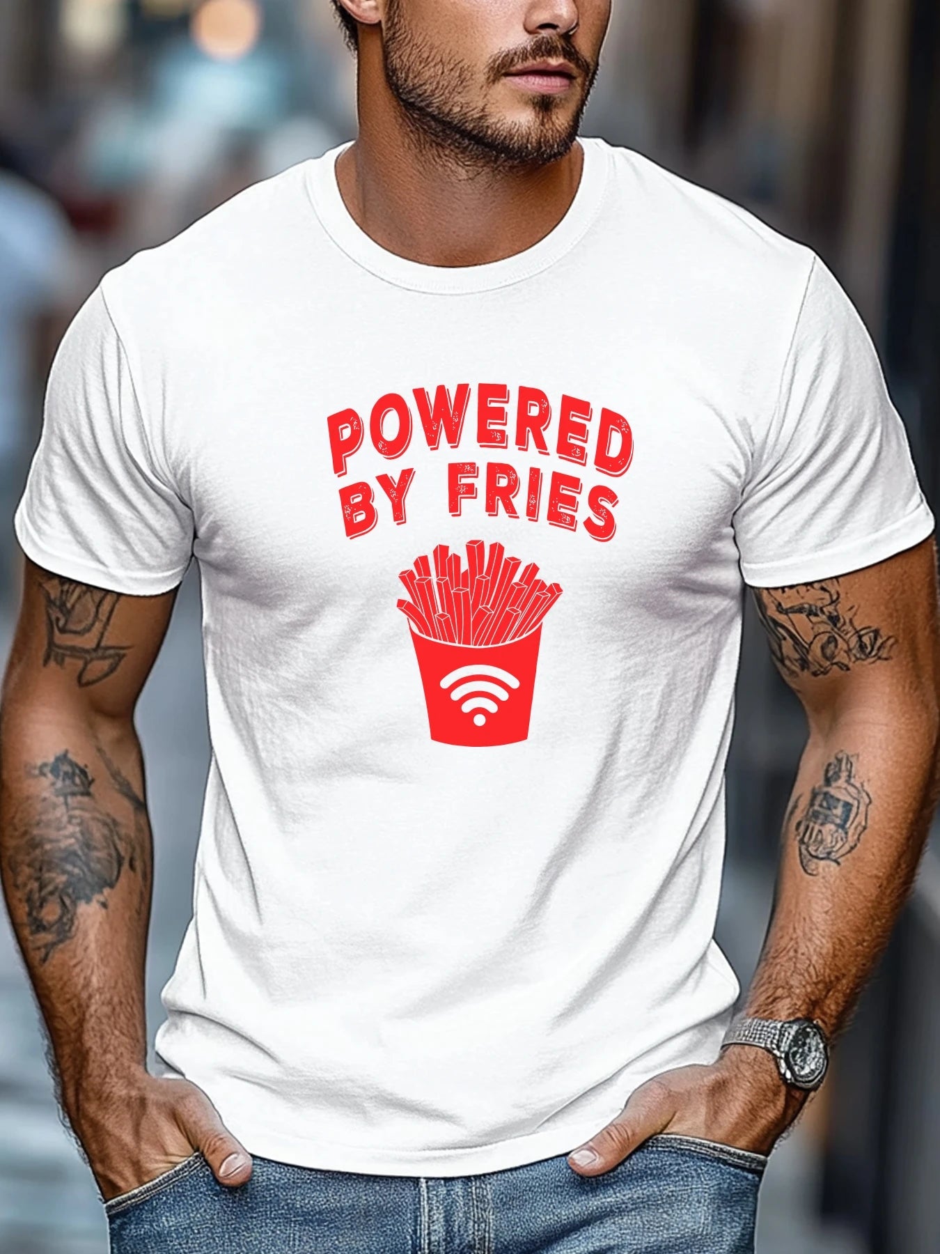 Men's t shirts POWERED BY FRIES Graphic Summer Soft Comfort Fit Tee Daily Wear Tops