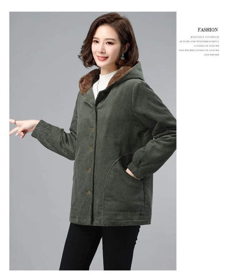 Women Corduroy Jackets 2025 New Autumn Winter Solid Loose Coat Female Casual Middle-Aged Plus Velvet Warm Hooded Ladies Overcoat