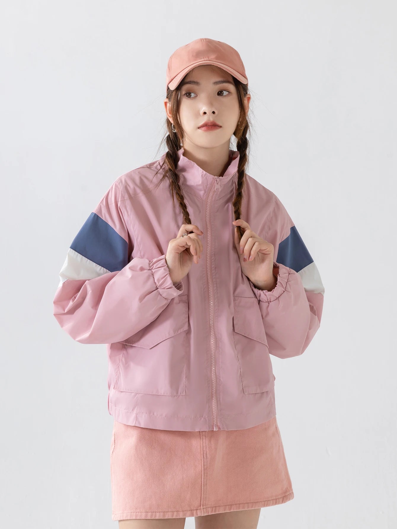 Women's Casual Jacket Color Block Windbreaker Coat Cropped junior Boomber Jacket Long Sleeves Patchwork Outerwear