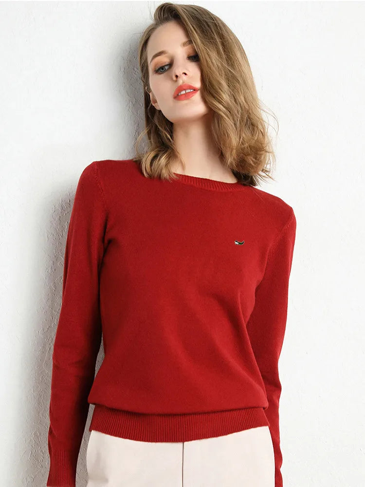 Women Autumn Winter Clothes  Neck Wool Sweater Long-sleeved Knitted Pullovers Shirt Embroidered Fish Logo Casual Sweater Tops