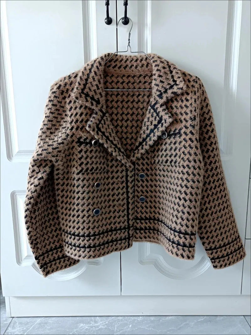 Jackets Women's Autumn Winter 2025 New Small Fragrance Short Coat Female Style Vintage Houndstooth Knitted Cardigan Outwear Tops