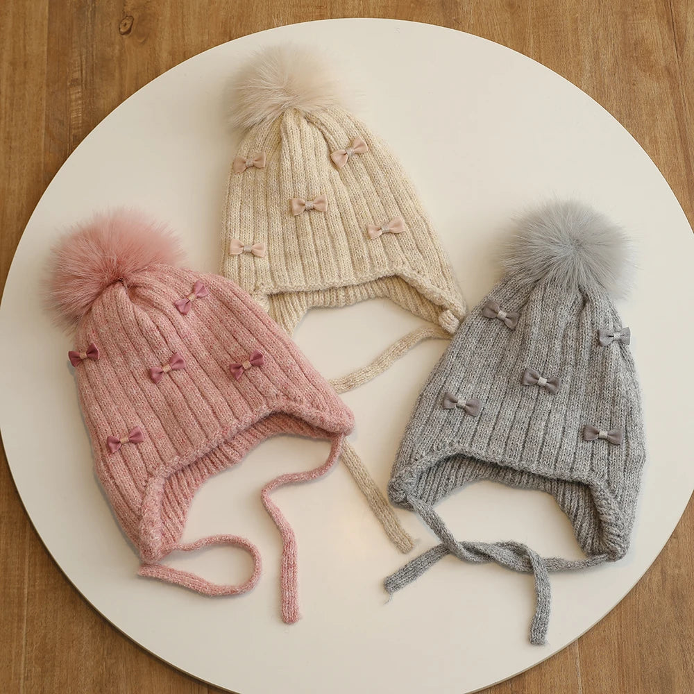 Winter Baby Girls Hat Double-Layer Cute Bows Knitted Hats Ear Protection Warm Beanie Big Pompom Kids Accessories 2-6 Years Old