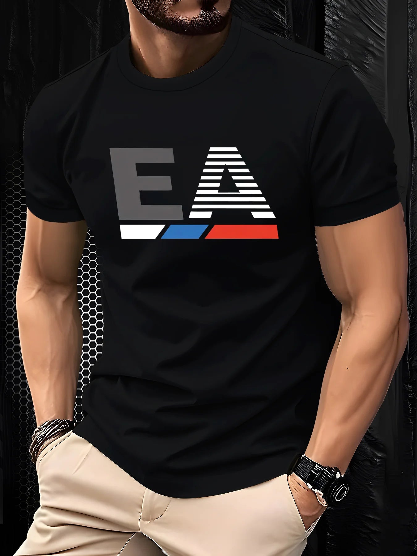 Men's Graphic T-Shirt - Breathable Soft Polyester Tee with Bold EA Logo, Lightweight Summer Shirt for Gym, Office, Casual Attire