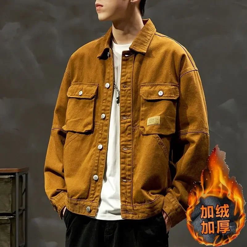 High end work jacket, men's spring and autumn trendy brand, loose American retro lapel jacket, casual and handsome denim jacket