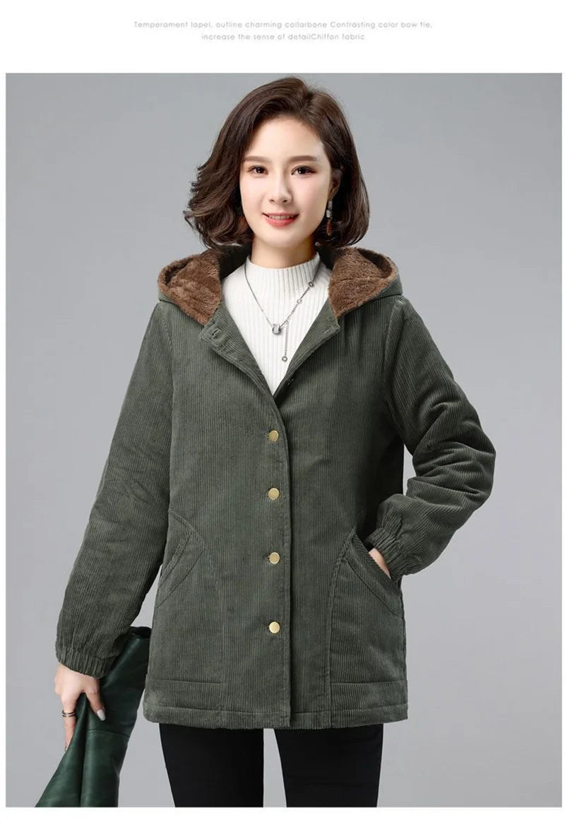 Women Corduroy Jackets 2025 New Autumn Winter Solid Loose Coat Female Casual Middle-Aged Plus Velvet Warm Hooded Ladies Overcoat