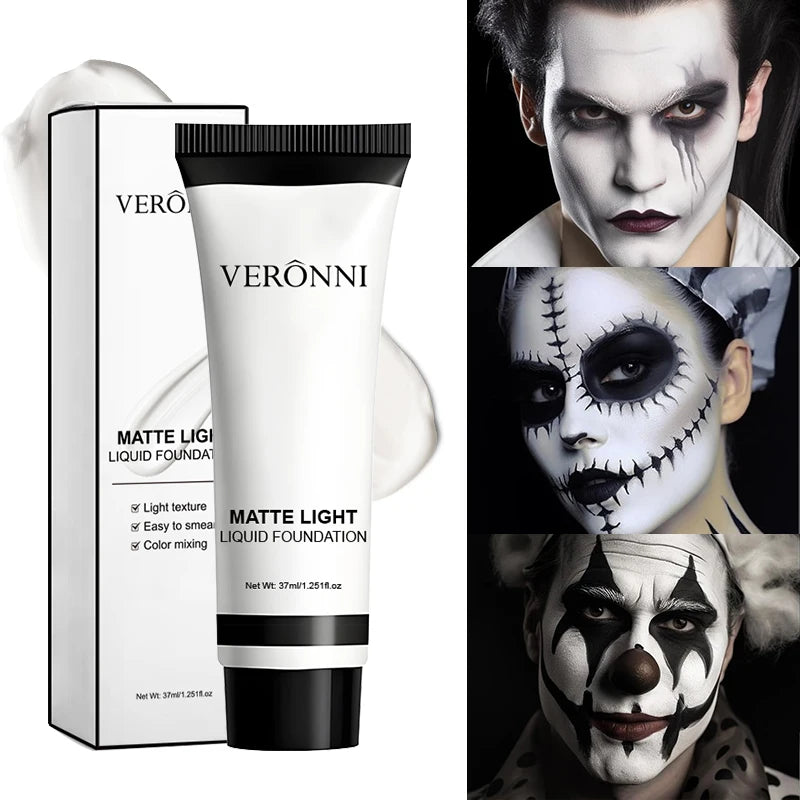 Halloween Dark Makeup Matte LipstickWhite Liquid Foundation Face Body Painting Base for Cosplay Mardi Gras Carnival Natural Look