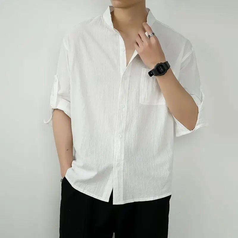 Shirts For Men White Man Shirt Plain With Pocket Linen And Cotton Half Sleeve Social Fashion Summer Designer Sale Xxl Casual Hot