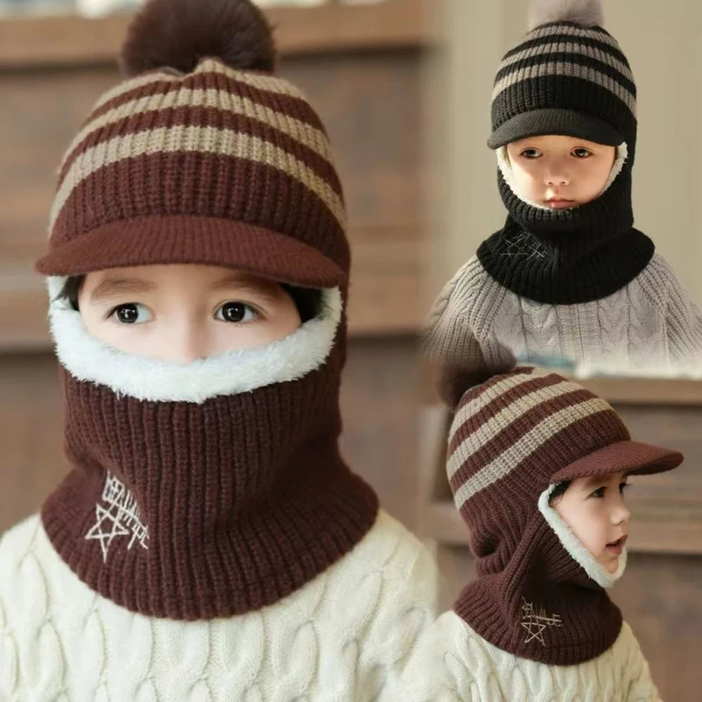 Winter Baby Knitted Hat Scarf Kids Boys Girls Hood Hats Toddler Earflap 𝐁eanie With Neck Warmer Pompom Outdoor Snowball Hat