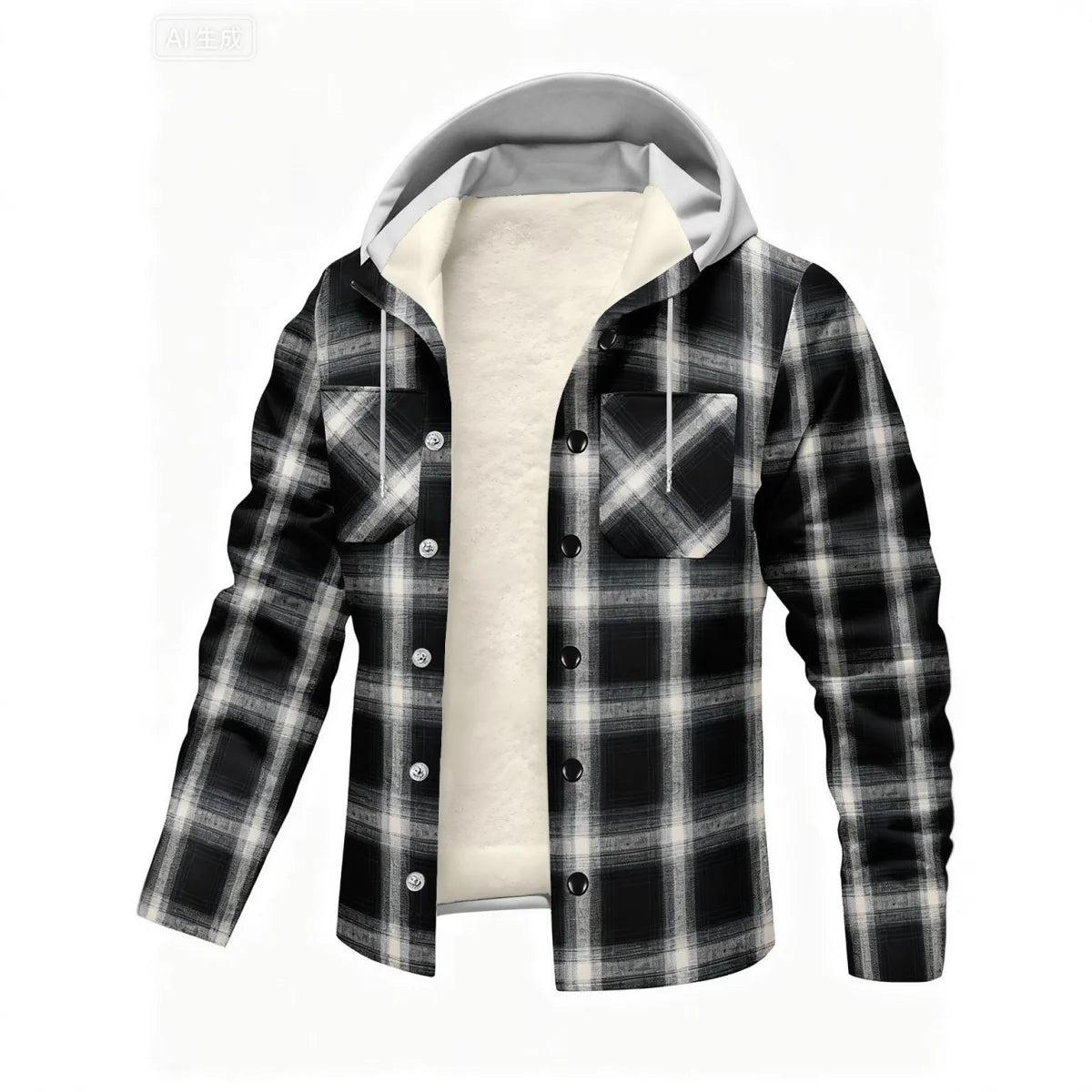 Men's Fashionable Jacket For Autumn And Winter With Added Fleece For Warmth Check Pattern Everyday Multi-Pocket Hooded Outerwear