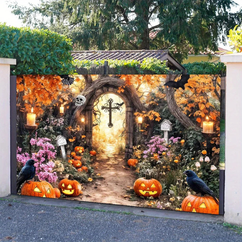 Halloween Magical Forest Background - Terrifying Skeleton, Pumpkin, and Haunted House Scenes with Candles and Skull Heads