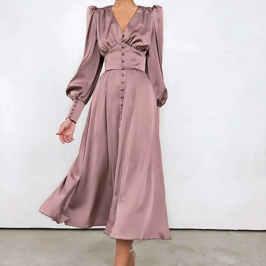 Autumn and Winter Women's Long Dress V-neck Satin Waist Retro Dresses for Women