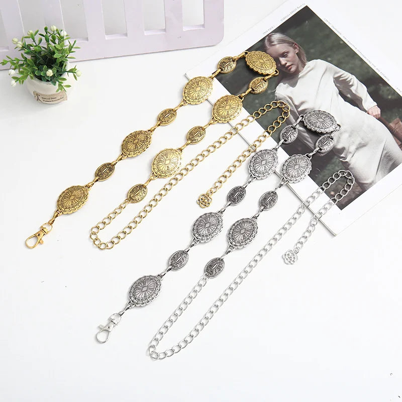 1 piece set of waist chain accessories for women's retro Bohemian ethnic style silver metal chain belt with skirt belt