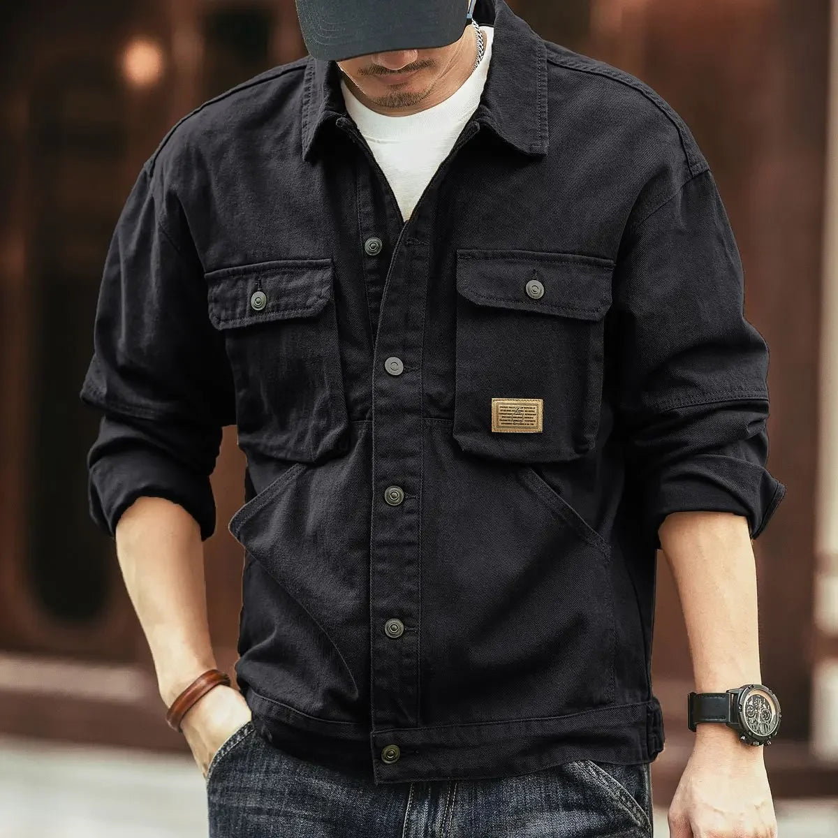 High end work jacket, men's spring and autumn trendy brand, loose American retro lapel jacket, casual and handsome denim jacket