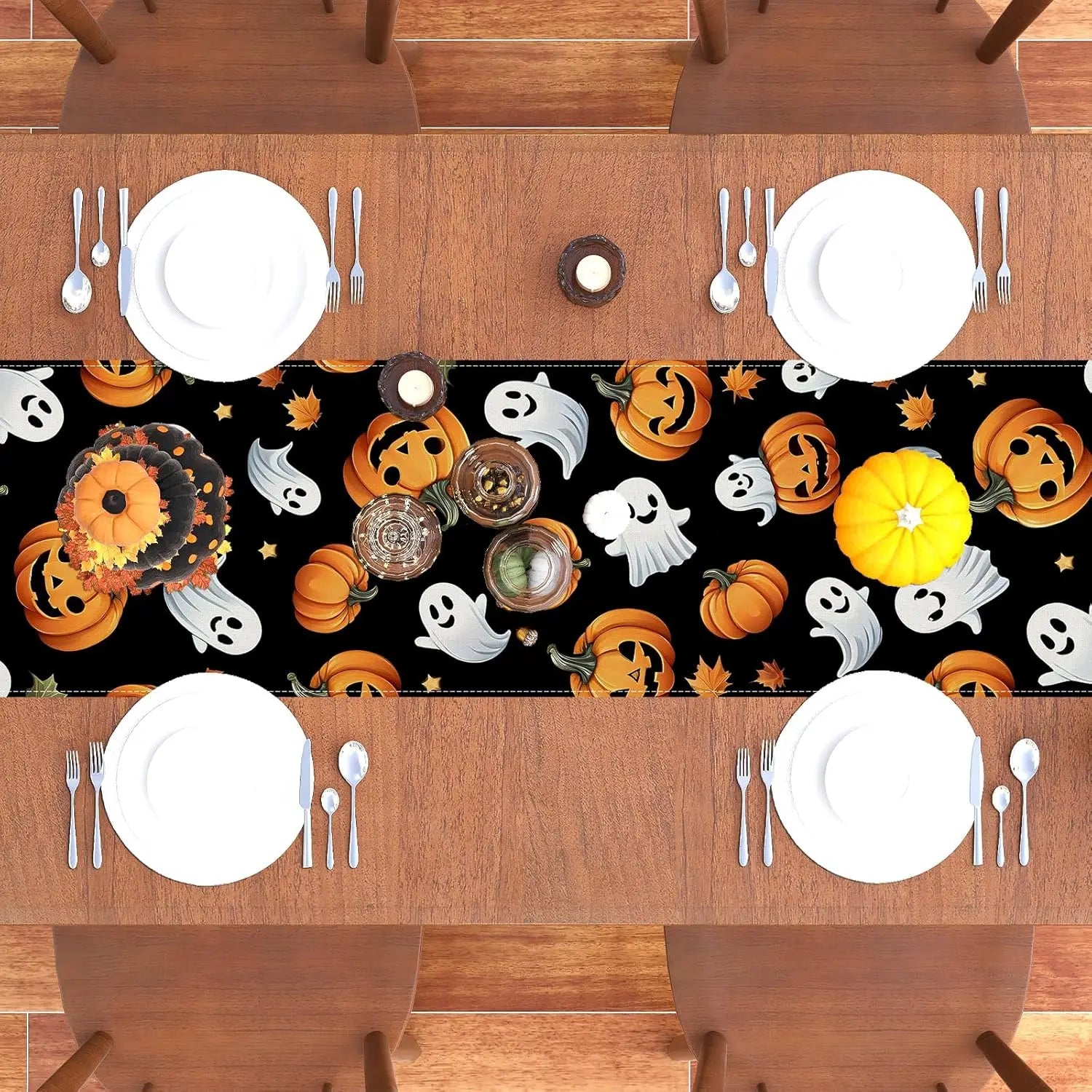 Halloween Polka Dot Ghost Pumpkin Cat Polyester Table Runners Party Decor Reusable Dining Table Runners Halloween Decoration