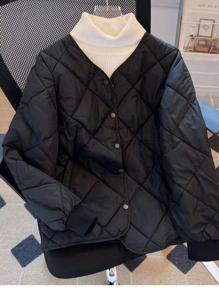 New in Winter Cotton-Padded Jacket for Women New Versatile Lightweight Rhombus Plaid Cotton-Padded Jacket Simple and Stylish