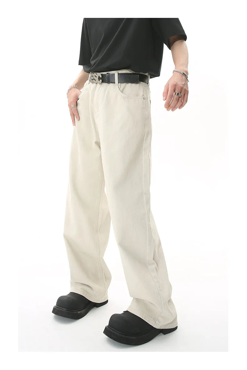 2025 Men Popular High Waist Straight Leg Jeans Male Simple Draping Wide Leg Denim Pants Brand Green Coffee Street Denim Trousers