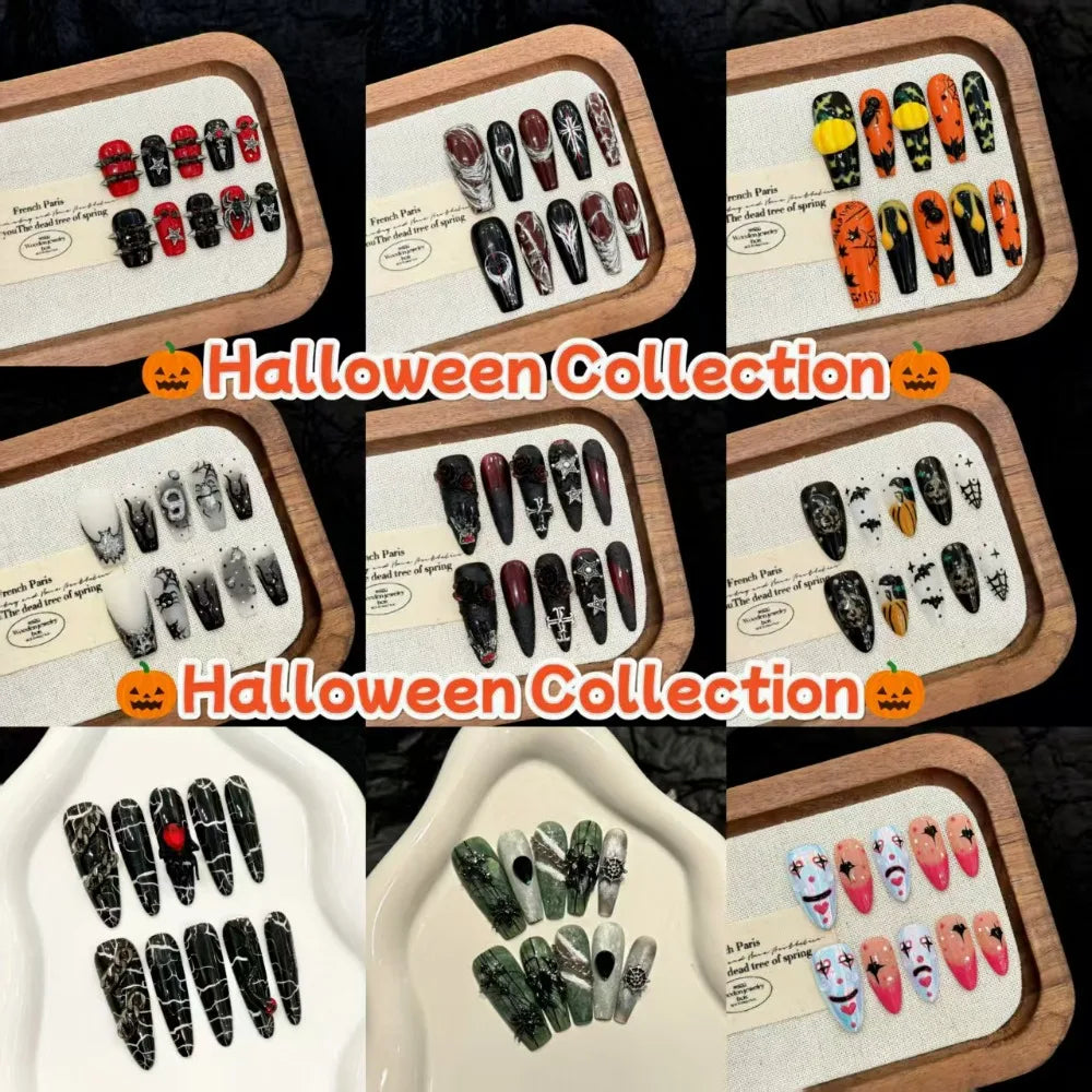 “Halloween Collection” Cross-Border Export Funny Pumpkin Halloween Atmosphere Handmade Nail Stickers, Press-On False Nails 10pcs