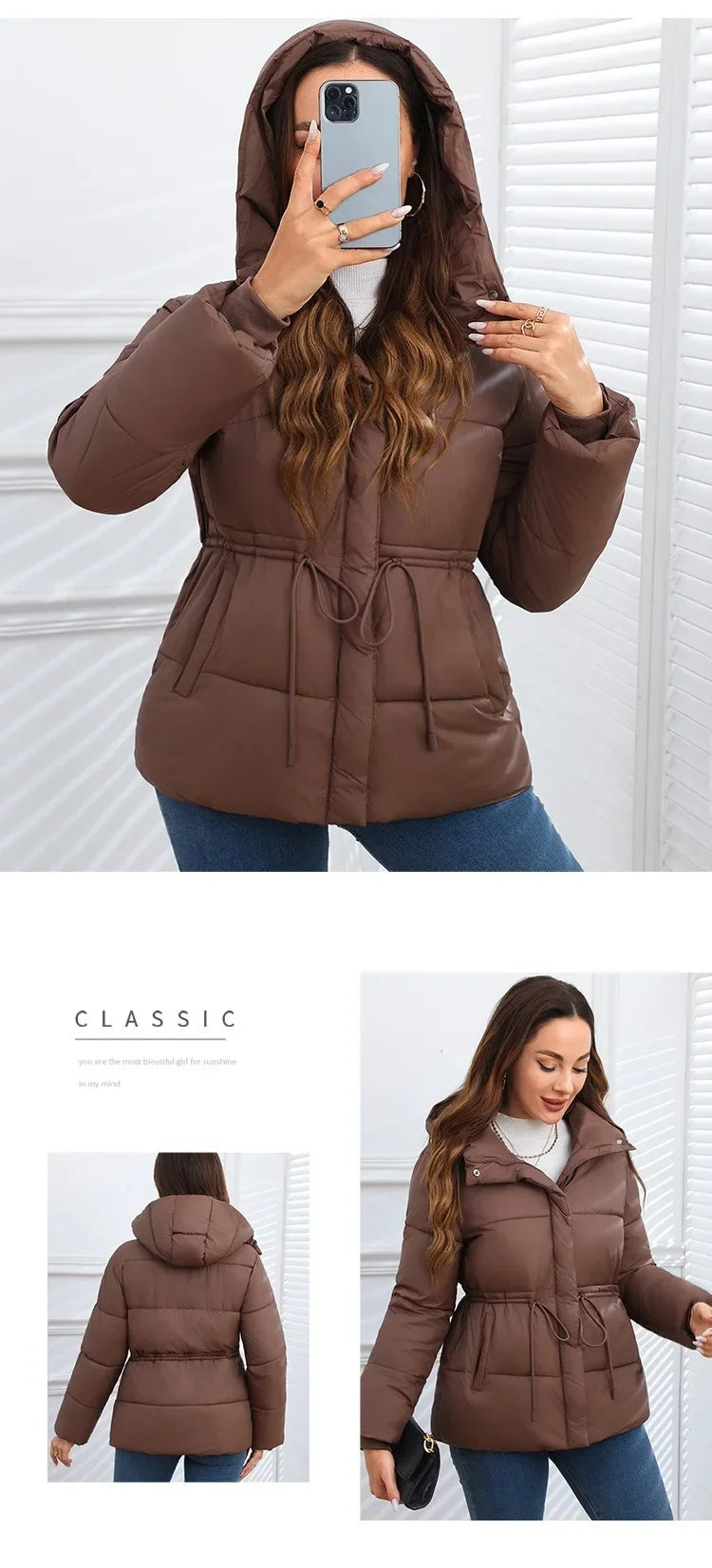 Women's Winter Tops Jacket Cotton Coat Waist Drawstring Hooded Large Size Warm Thickened Vintage Leisure Designed Soft Versatile