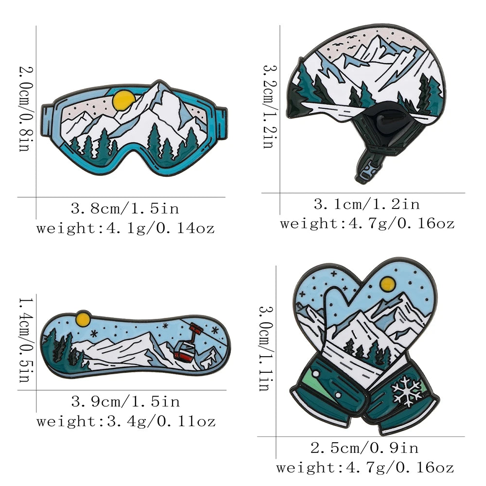 Winter Skiing Equipment Design Enamel Pins Snow Mountain Pattern Snowboard Helmet Snow Goggles Glove Shaped Brooches