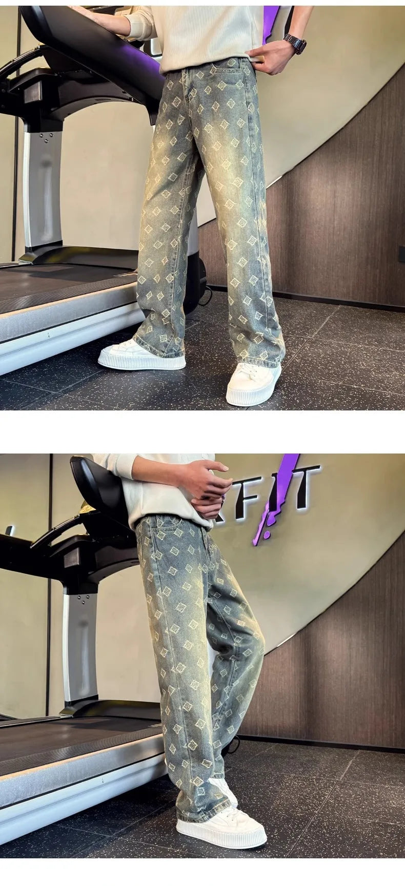 Light Blue Full Print Jacquard Jeans for Men, Niche Design, Curved Knife Pants, American High Street Vibe Straight Leg Pants