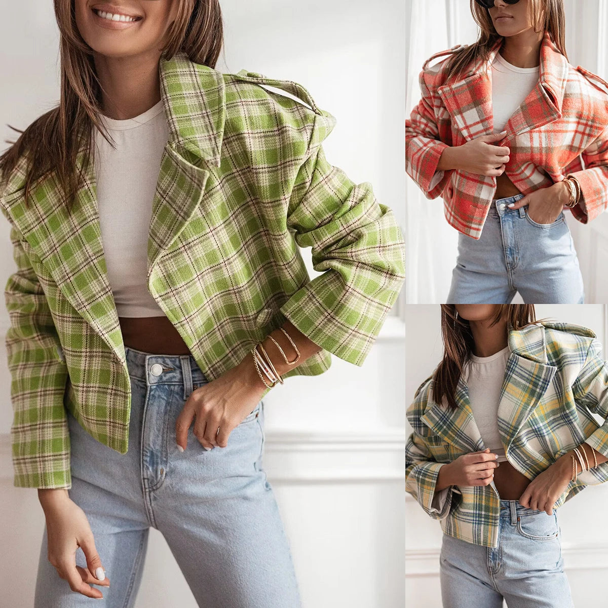Women's fashion British suit collar plaid printed woolen jacket loose and casual personalized and fashionable temperament