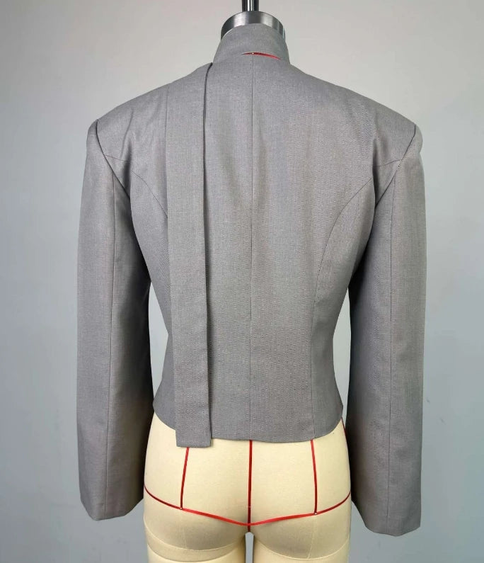 Women's Jacket 2025 Spring New Fashionable Solid Color V-Neck Scarf Decor Elegant Temperament Long Sleeved Casual Blazer Jacket