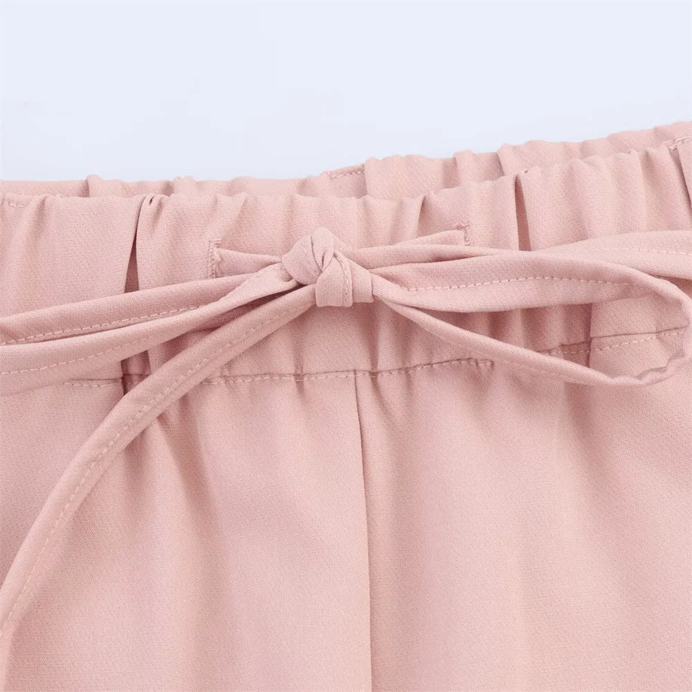 women's summer new fashion casual lapel single breasted decoration suit jacket high waisted lace up suit pants