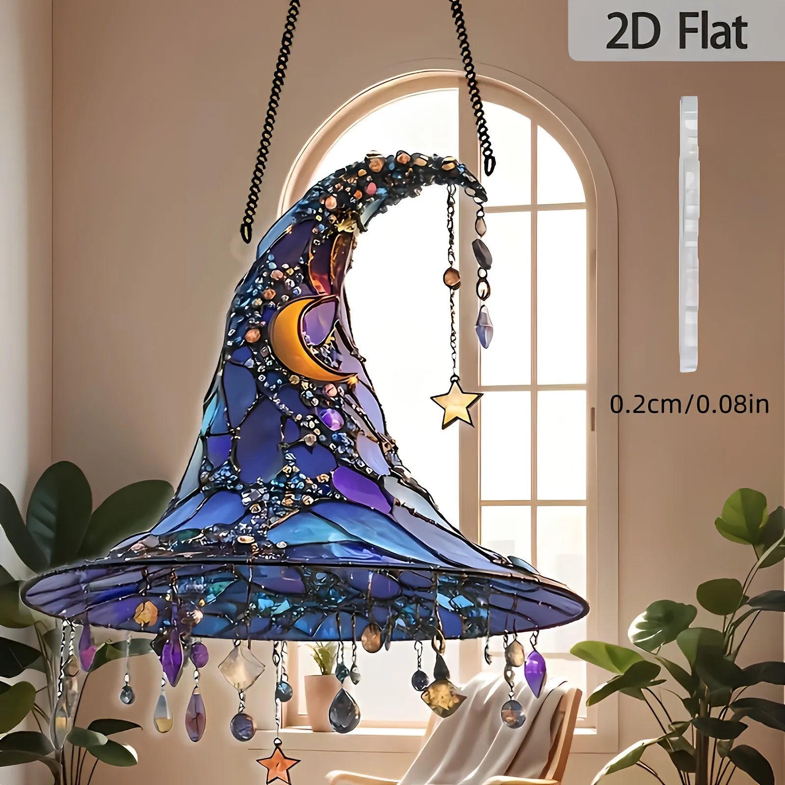‌Halloween Witch Hat Ornament Blue Acrylic Hanging Decor Glow in the Dark Party Supplies Moon Star Charm Spooky Home Decoration
