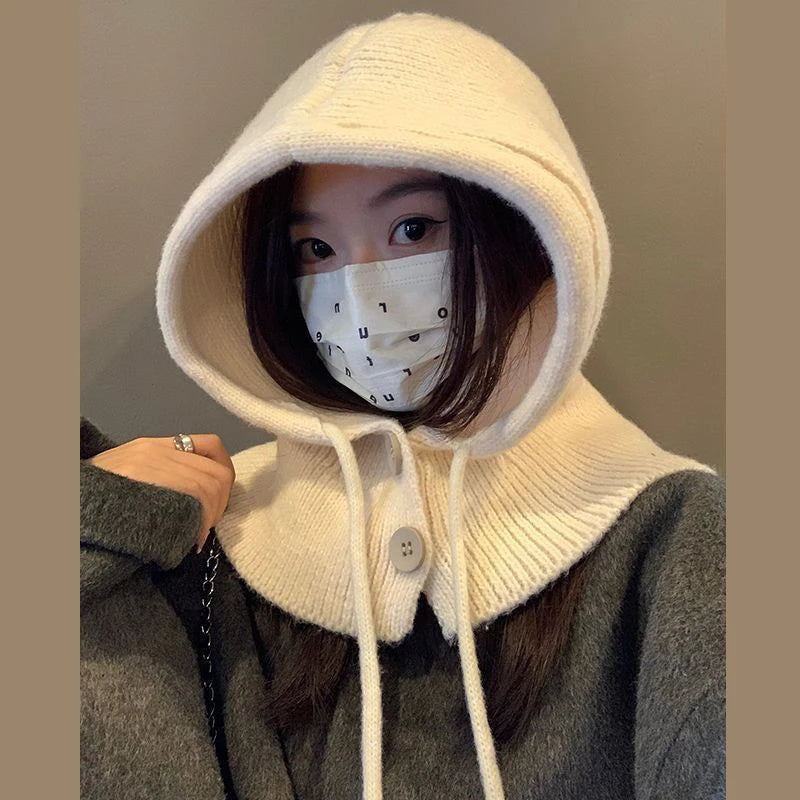 Fashion Winter Hats Scarf Set Wool Knitted Hooded Caps Balaclava Neck Warmer Scarf Shawl Gothic Pullover Hat Beanies Bonnet