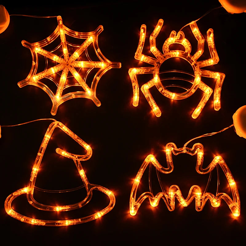 Halloween Orange Window Light Orange Pumpkin Ghost Witch Hat Design LED Sucker Lamp Bar Home Party Hanging Decor Without Battery