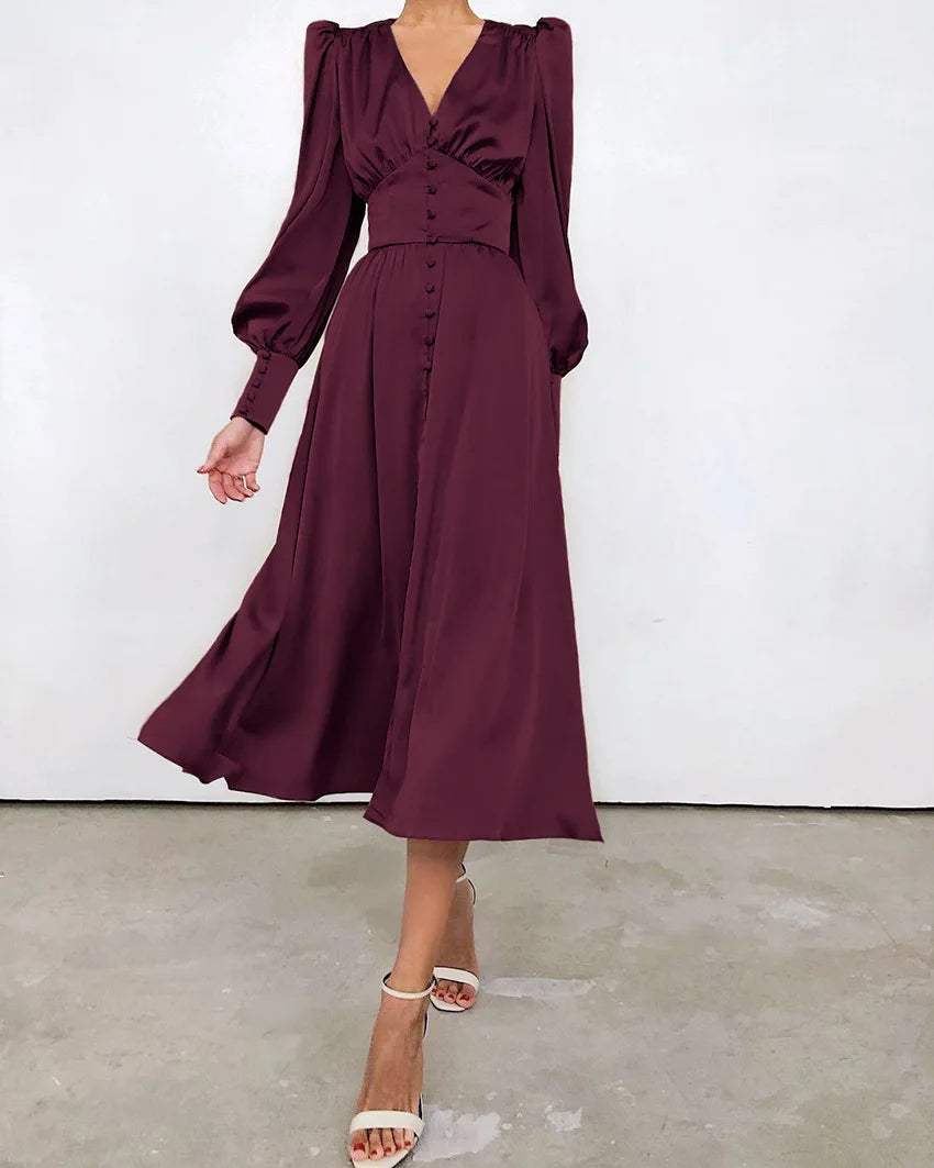 Autumn and Winter Women's Long Dress V-neck Satin Waist Retro Dresses for Women