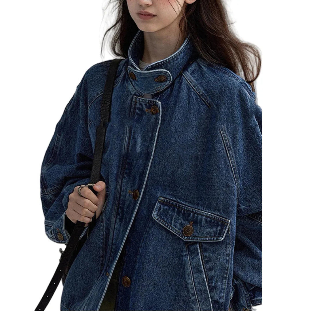 Women Denim Jacket 2025 Autumn New American Retro Blue Denim Jacket For Women Unique Design Catching Work Wear Style