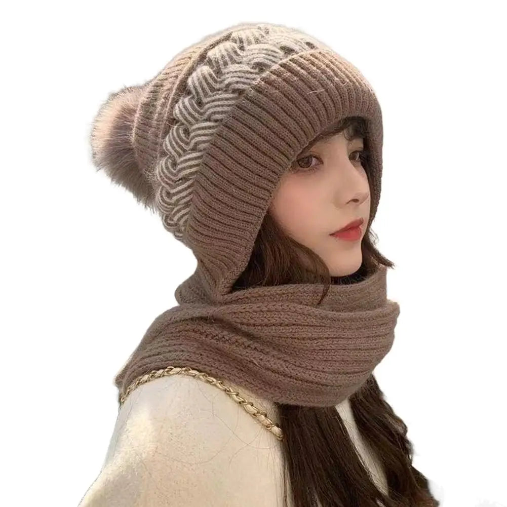 Winter Hat Scarf Set Women's Integrated Snow Cap with Fleece Lining Thickened Wool Knitted Beanie with Ear Protection Accessory