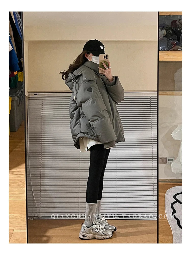 Women's Down Cotton Jacket Hooded Coat Winter Cotton Comfortable Thick Warm Love Embroidery Loose Jacket Snow Coat Clothing