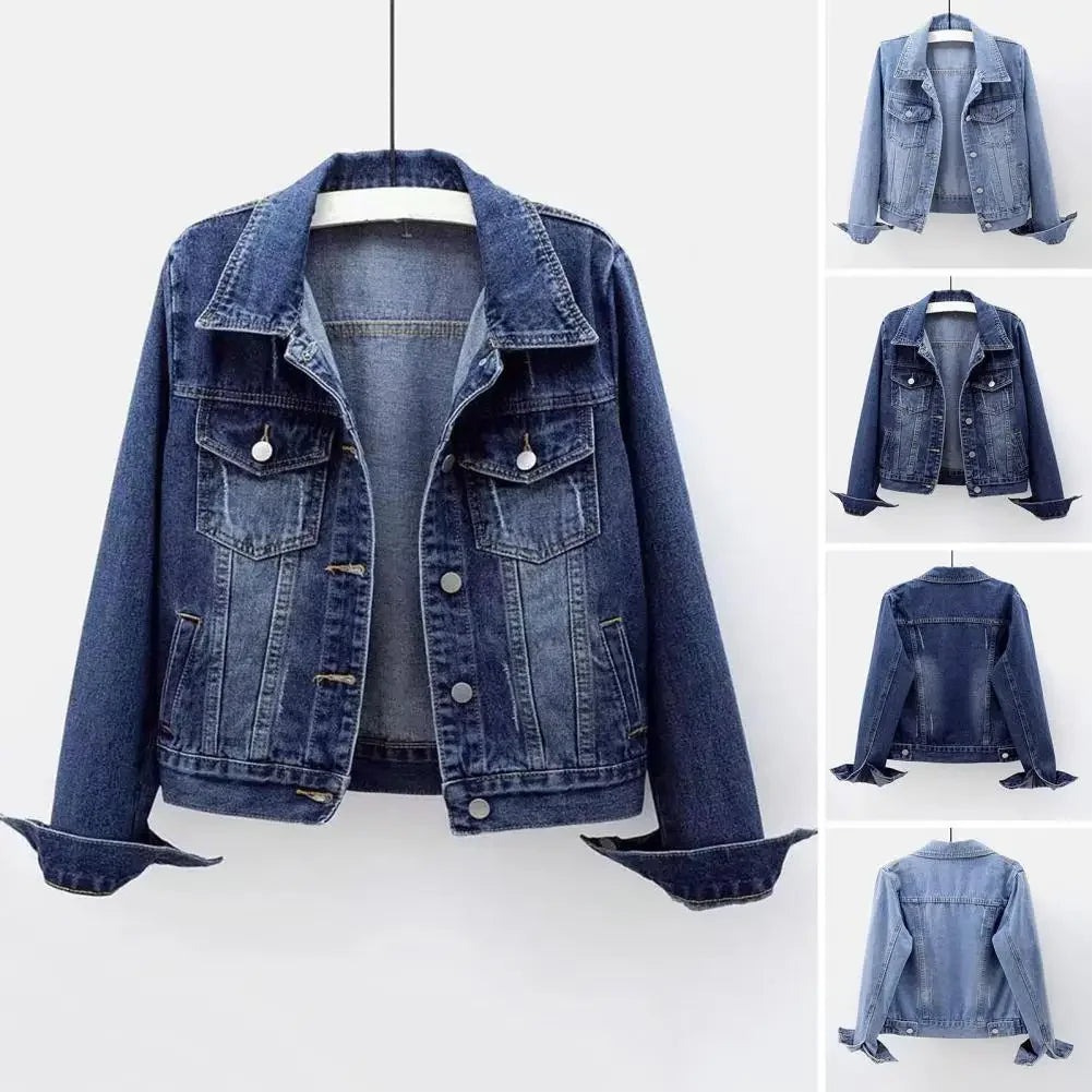Women Denim Jacket Single-breasted Chest Flap Pocket Jacket Long Sleeve Slim Short Coat Retro Ladies Denim Jackets Outerwear