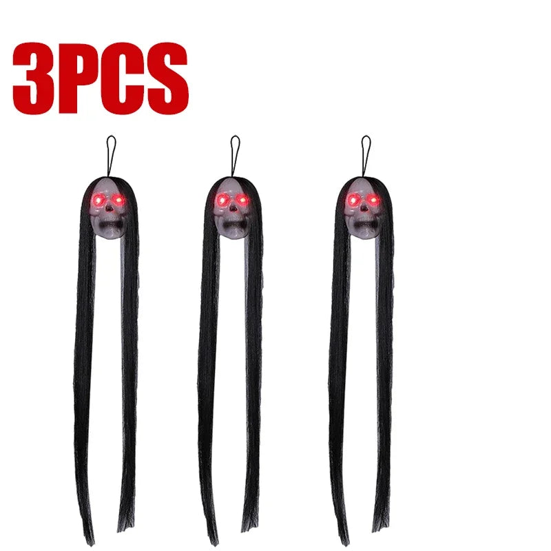 Halloween Hanging Ghost Skull with Long Hair Glowing Eyes Terror Skull Ghost House Head Skeleton Props 2024 Halloween Decoration