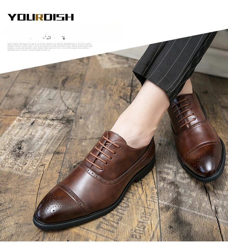 Men's Dress Shoes Red Sole Leather Shoes Pointed Party Shoe Lace-up Office Oxfords Casual Wedding Shoe Retro Business Men Shoes