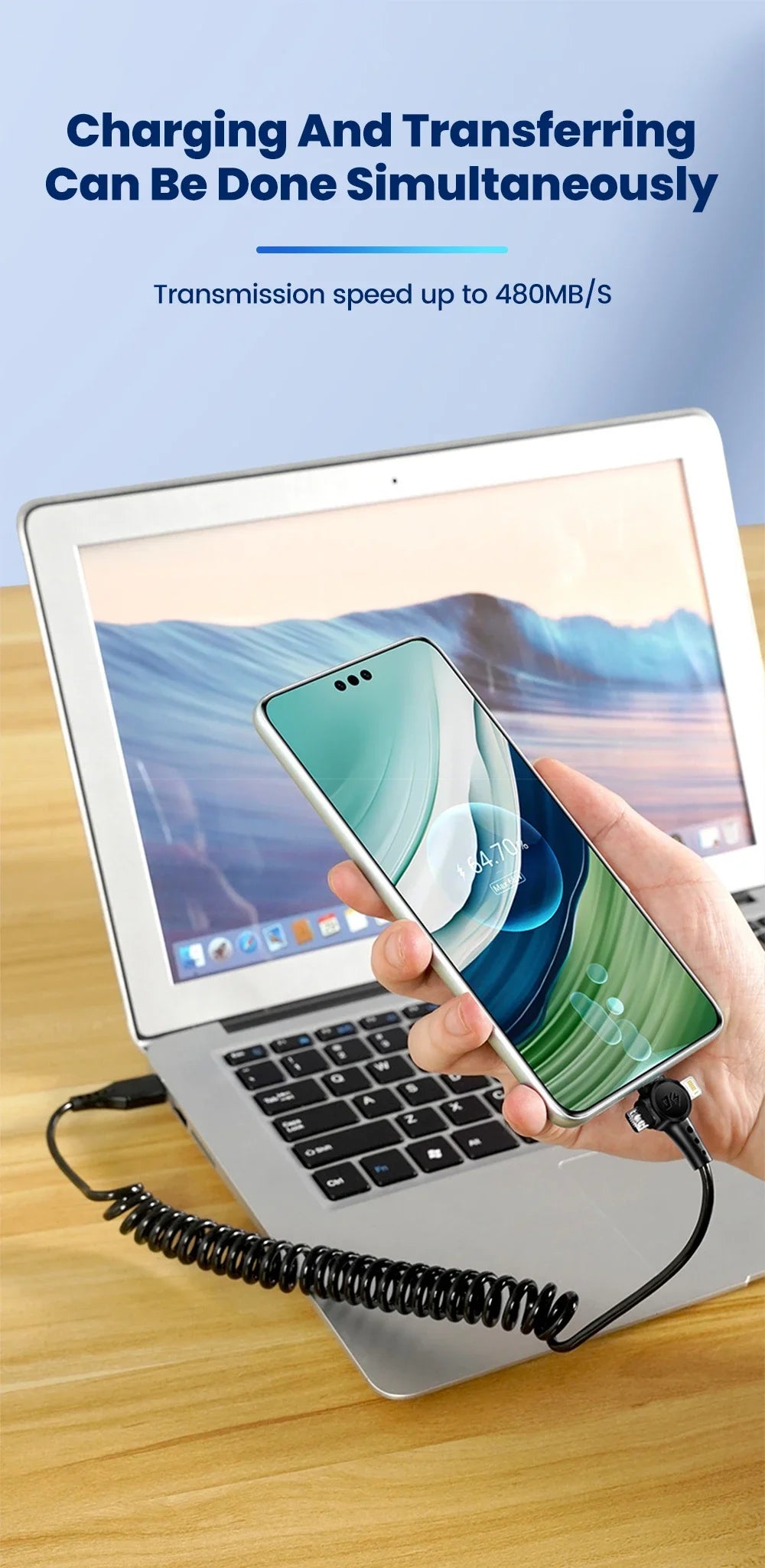 120W 3-in-1 USB C Cable Super Fast Charging Spring Retractable Data Cable For iPhone Huawei Xiaomi Phone Quick Charger Data Cord