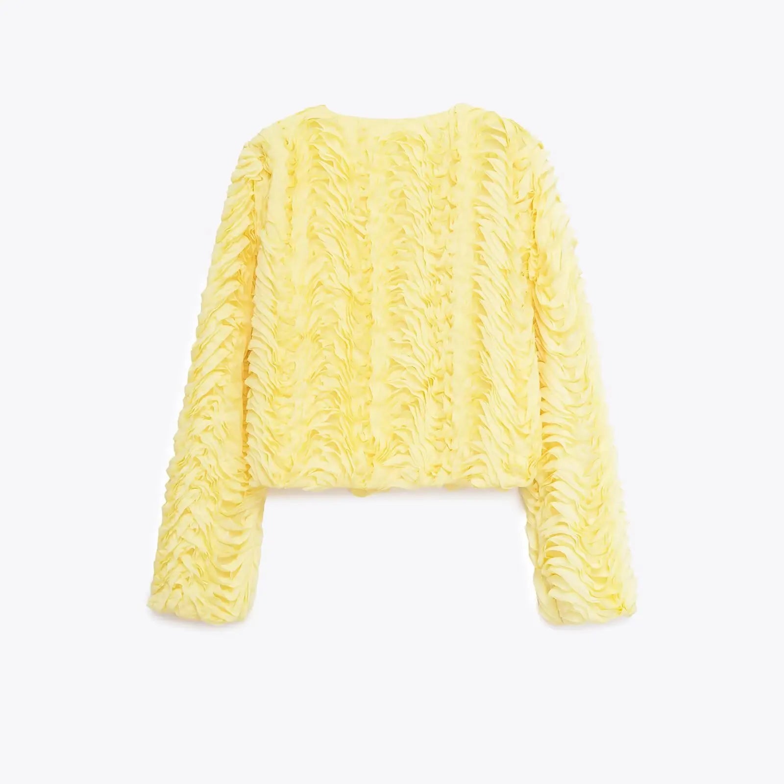 Women's Jacket 2025 Autumn New Style Yellow Long-Sleeve Short Textured Cardigan Jacket, Unique Fashionable Casual Versatile