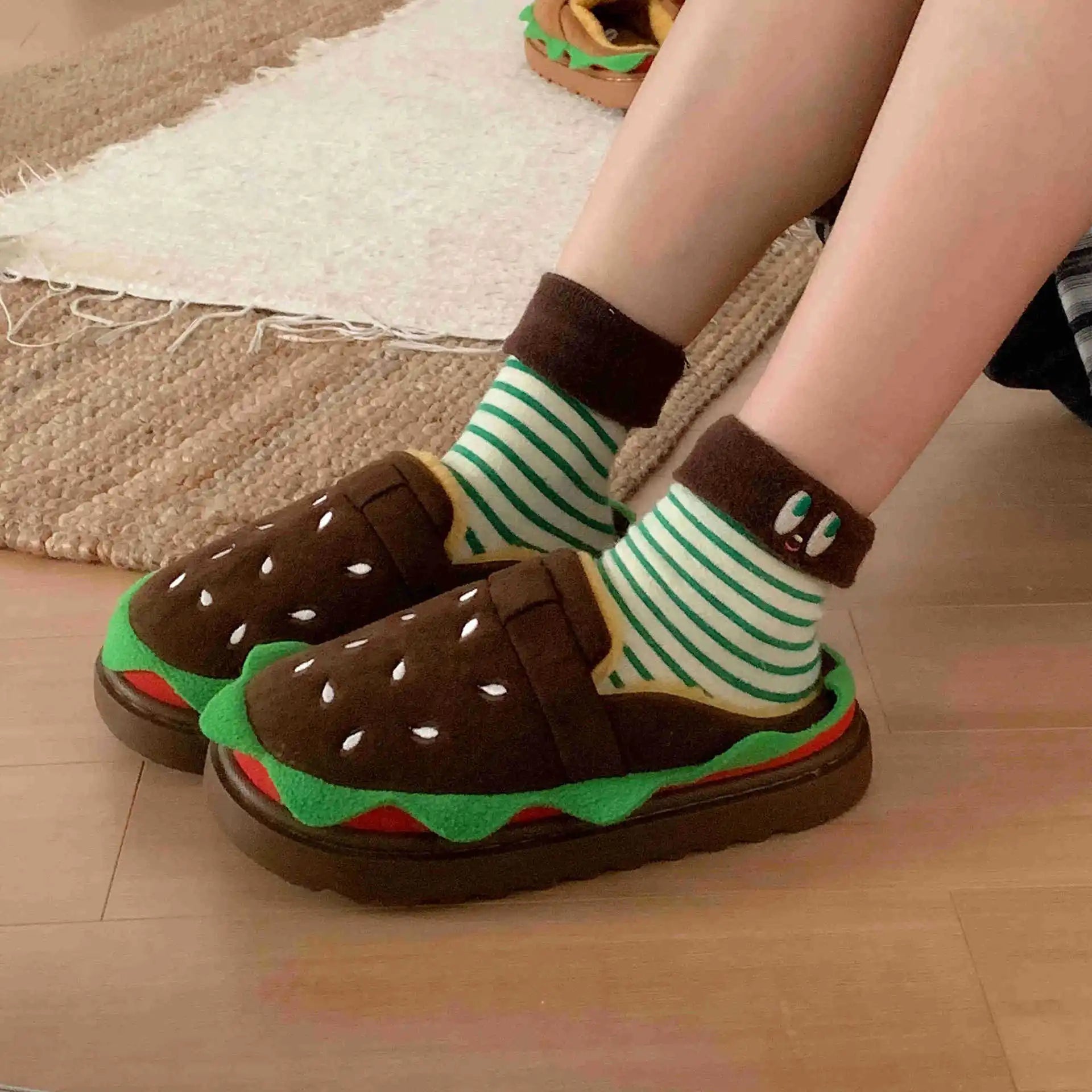 Women's Home Slippers Winter Warm Fuzzy Hamburger Slippers Funny Cute Indoor Rug Flat-Soled Home Shoes Plush Home Slippers