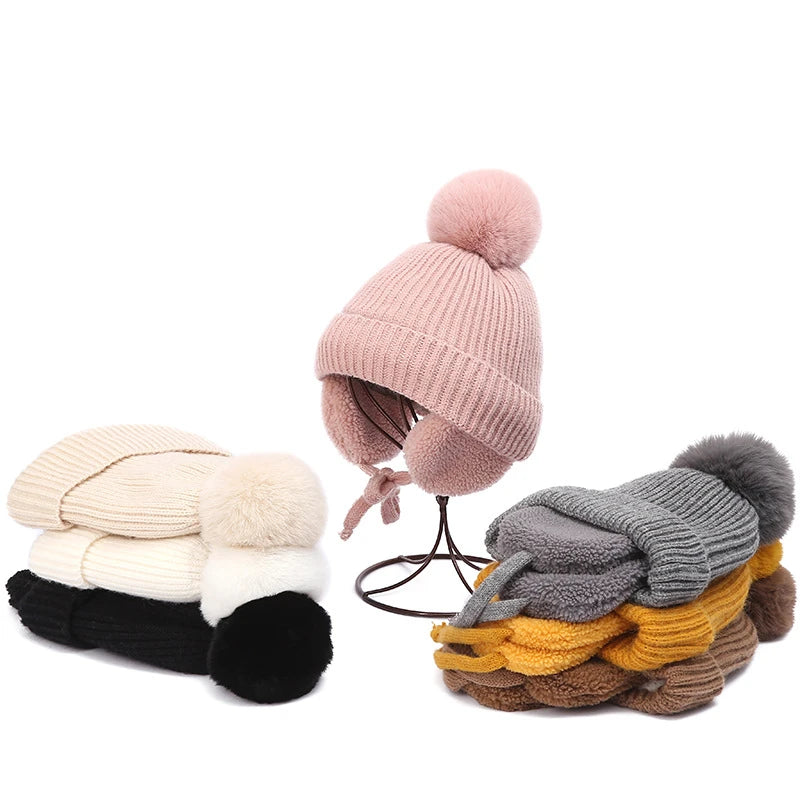 Winter Baby Knitted Hat Skiing Infant Bonnet Plush Lining Kids Beanie Protect Ears Children Cap for Boys Girls Accessories 2-6Y