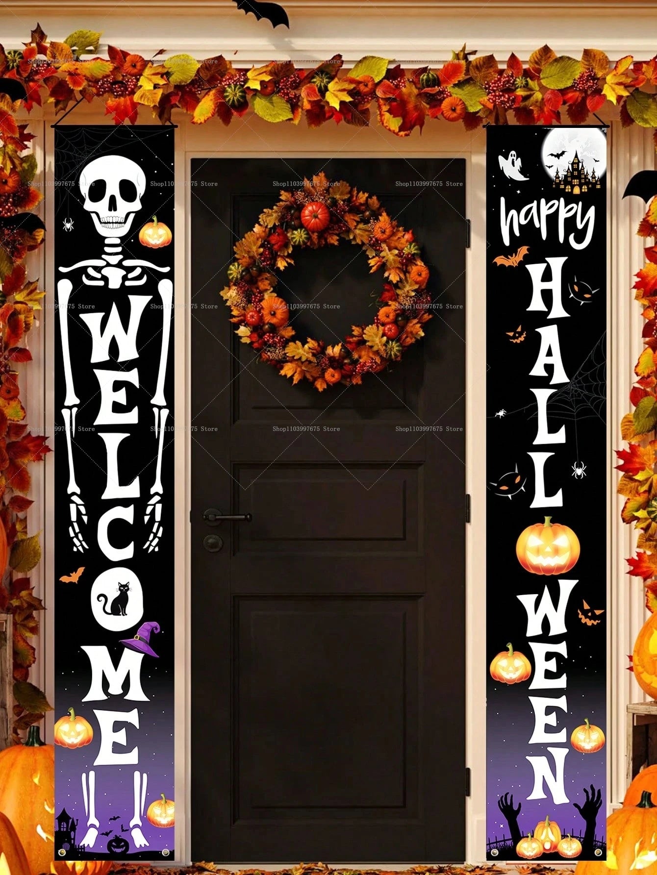 Halloween Pumpkin Ghost Decorations Outdoor Indoor Welcome Banners Porch Hanging Signs Front Door Outside Yard Party Supplies