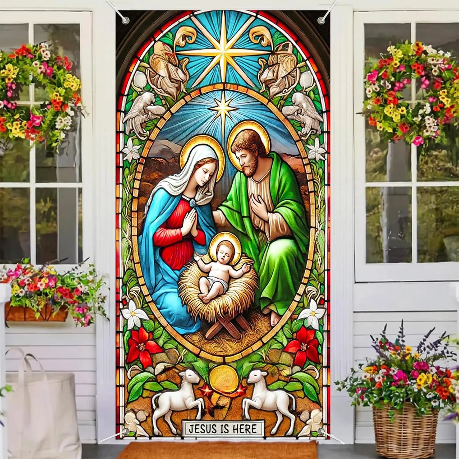 Christmas door banner, winter festival Nativity scene decoration, home decoration, festival front door hanging, party background