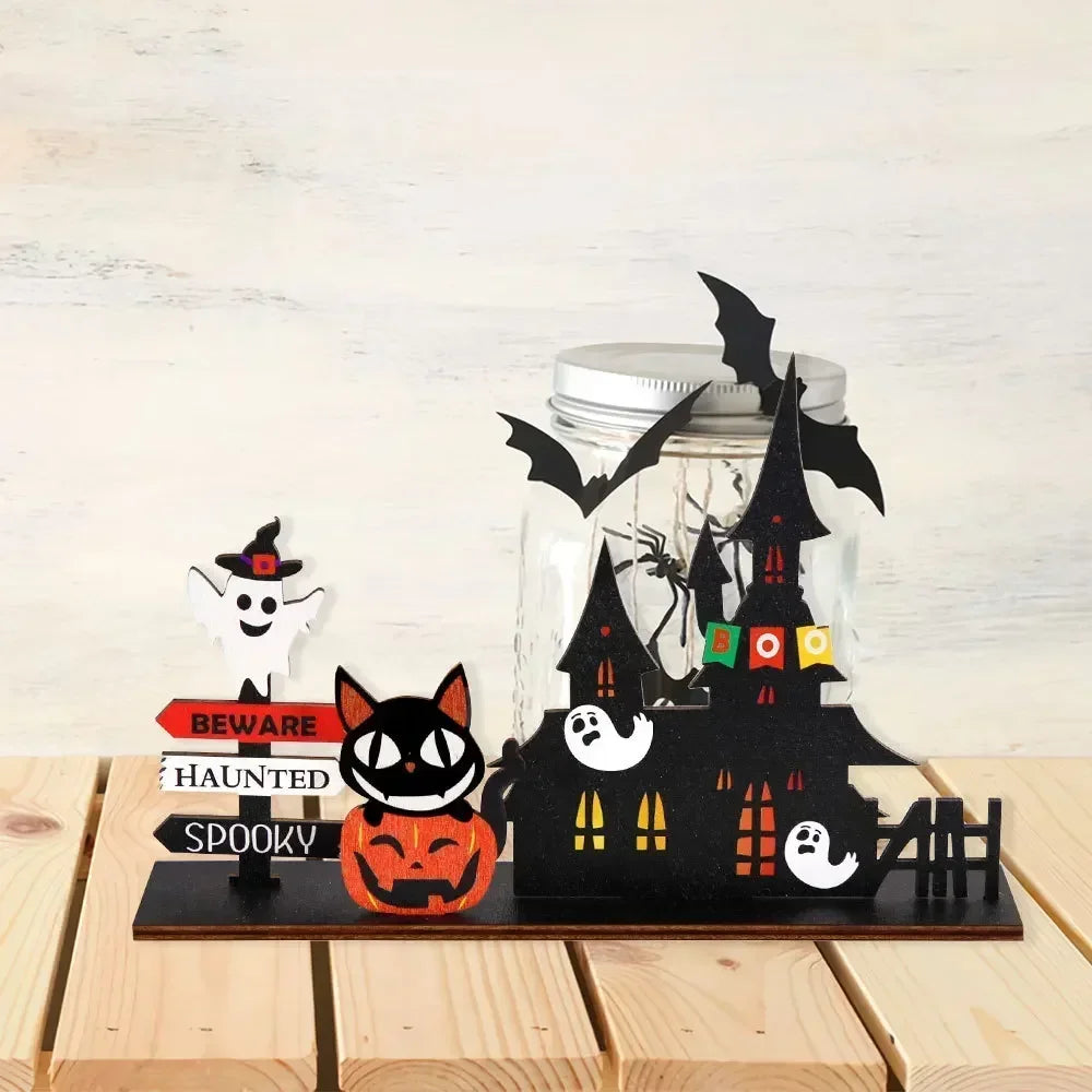 Halloween Pumpkin Ghost Plaque Wooden Castle Decor Desktop Ornaments Trick or Treat Happy Halloween Party Home Decoration