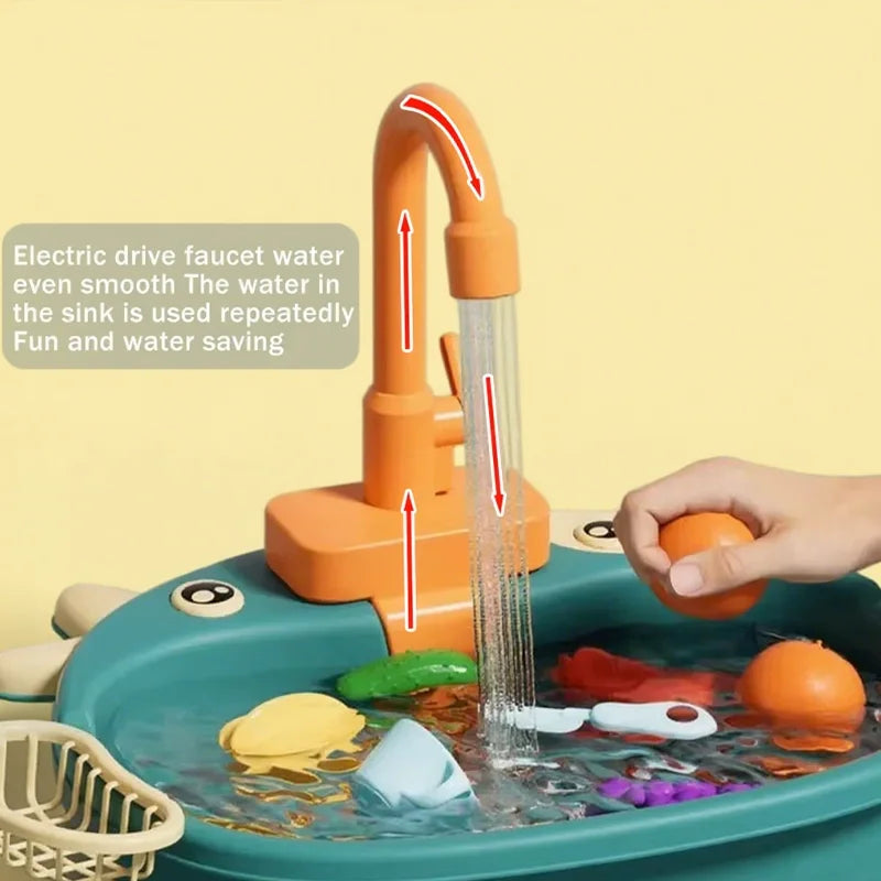 Kids Playhouse Kitchen Set Simulated Dishwasher Sink Hand Basin with Circulating Water Toddler Toys for Boys Girls and Role Play